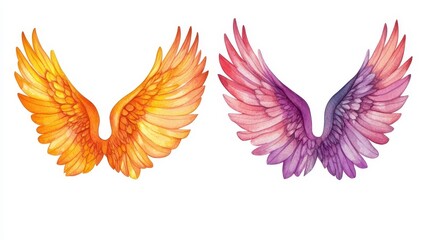 Obraz premium Hand drawn watercolor paintings vibrant feather set. Boho style wings. illustration isolated on white. Bird fly design for T-shirt, invitation, wedding card