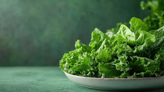 Hojas de col rizada verde fresca en un plato blanco sobre fondo verde