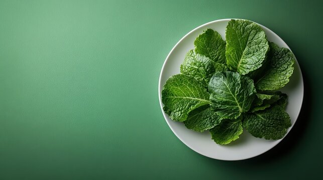 Hojas de col rizada verde fresca en un plato blanco sobre fondo verde