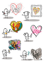 Set of 6 illustrations - Hand drawn cartoon stick characters - men and women with big designed hearts in different styles