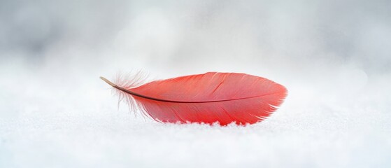 A red feather on a white surface