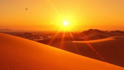Vibrant sunset casting golden light across rolling sand dunes in a vast desert landscape