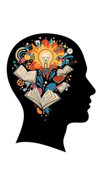 Knowledge-rich human head silhouette filled with vibrant educational icons like books, gears and lightbulb, representing creativity and inspiration in clean illustrative style