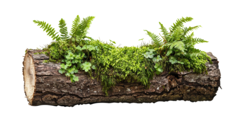 Log with moss and ferns isolated on transparent background
