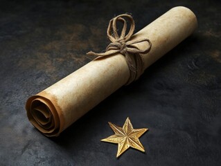 A rolled parchment with twine and a gold star on a dark background