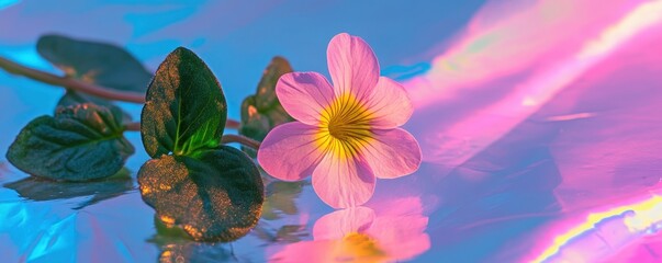 Mexican Primrose flower on holographic background