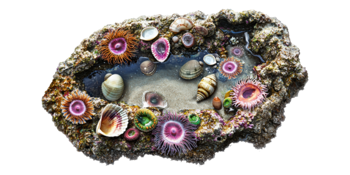 Sea anemones and shells in tidal pool isolated on transparent background