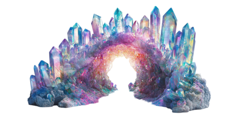 Vibrant quartz crystal formation with rainbow colors isolated on transparent background