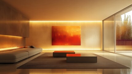 Minimalist living room featuring a sleek coffee table, abstract artwork on the walls, and soft, ambient lighting.