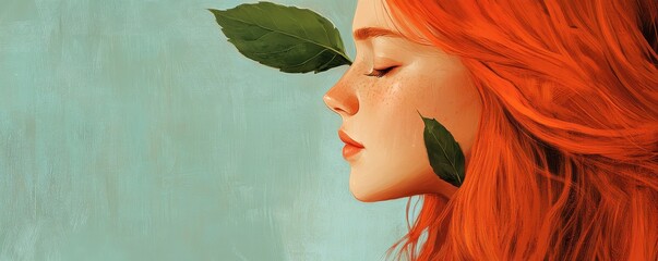 minimalistic portrait of a redhead girl with green leaf