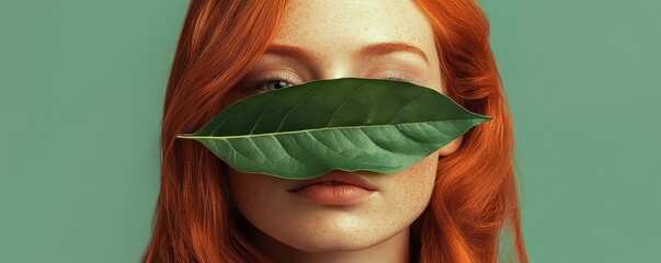 minimalistic portrait of a redhead girl with green leaf