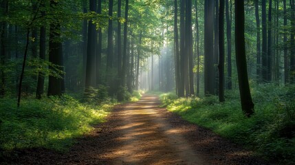 Misty forest path lined with tall trees, dappled sunlight filtering through leaves, inviting exploration.