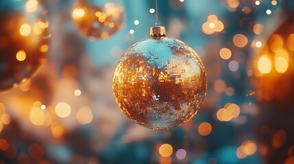 A shiny gold and blue Christmas ornament hanging from a string. The ornament is surrounded by a blurry background