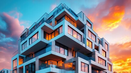 Modern Apartment Building with Striking Geometric Architecture at Sunset