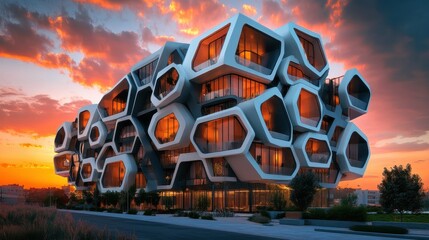 Modern Apartment Building with Striking Geometric Architecture at Sunset