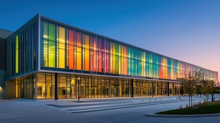 Obraz premium Modern building with colorful glass panels at dusk