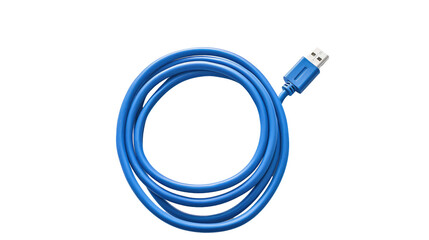 A neatly coiled blue USB cable isolated on white  background