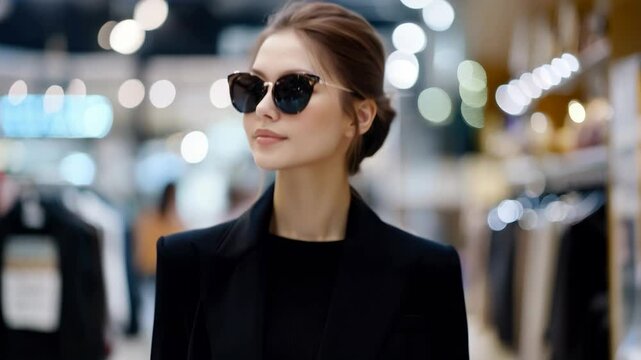 Woman walks confidently through an upscale boutique, wearing chic sunglasses. The vibrant lighting highlights her fashionable outfit, attracting attention from nearby shoppers.