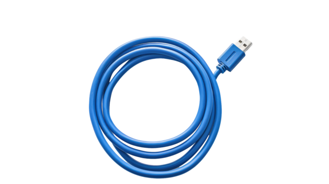 A neatly coiled blue USB cable isolated on white  background