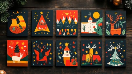 Fototapeta premium Twelve illustrated Christmas cards arranged on a wooden surface, featuring winter scenes, animals, and festive designs.