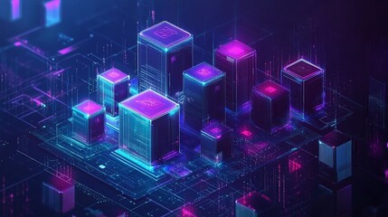 Futuristic cityscape of glowing digital data cubes on a circuit board.