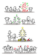 Set of four illustrations - Hand drawn cartoon stick characters celebrating Christmas with Santa, Christmas tree and gifts -