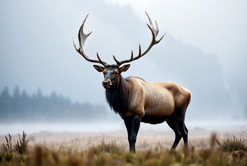 Fototapeta premium Majestic elk with large antlers standing in a foggy meadow with mountains in the background