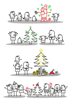 Set of four illustrations - Hand drawn cartoon stick characters celebrating Christmas with Santa, Christmas tree and gifts -
