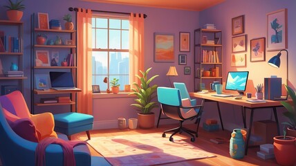 A remote work setup with a laptop, coffee mug, and cozy home office, warm and realistic style.