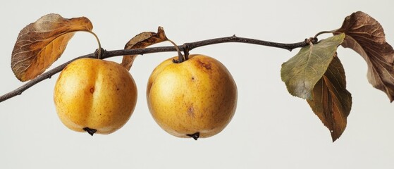 Two pears on a branch with dry leaves against a white background
