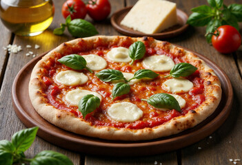 Freshly Baked Margherita Pizza with Mozzarella Cheese and Basil Leaves