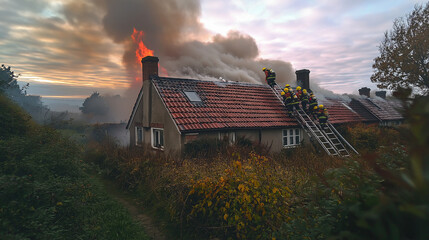 Firefighters put out a fire in a rural cottage with a roof made of wood and tiles.