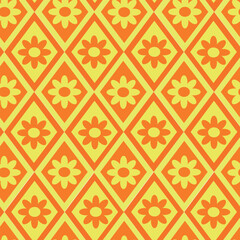 Retro Flowers on orange and yellow diamonds seamless pattern. For wallpaper, home décor and textile