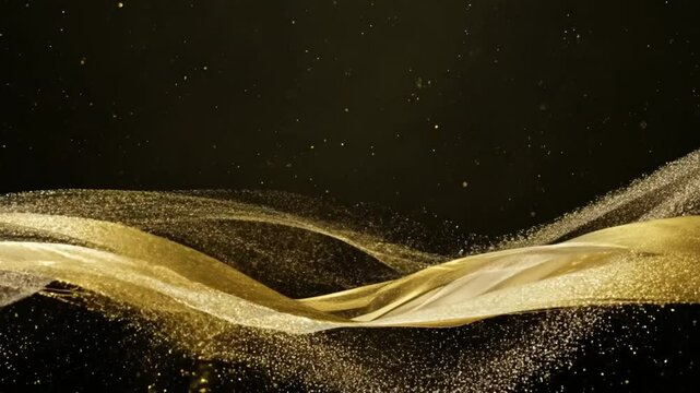 Abstract background with shining dust bokeh glitter lights. Gold glitter particles falling in light ray loop animation. 