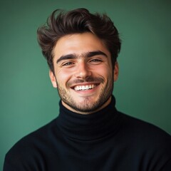 Fototapeta premium portrait of a smiling man wearing a black turtleneck against a green background