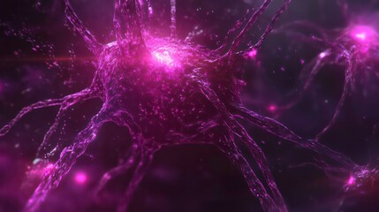 Microscopic view of glowing pink neuron cells, intricate network, synapses firing.