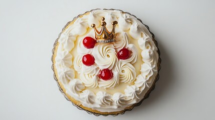 A circular Epiphany cake with a crown on top is captured from a bird's-eye view against a white backdrop.
