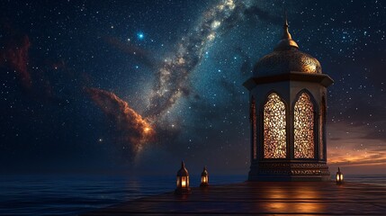 Fototapeta premium Ramadan Lantern Glowing in the Starry Night Sky