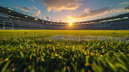 Sunlit Stadium Field with Dewy Grass at Dawn