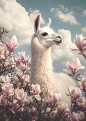 Fototapeta premium Cute alpaca walking in magnolia garden, Funny Animal bathroom poster design, magnolia tree in full bloom, Adorable Alpaca. Generative AI.