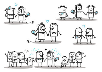 Cartoon stick characters celebrating wedding day