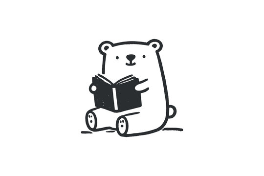 Minimalistic hand drawn bear reading a book in bold black lines on white
