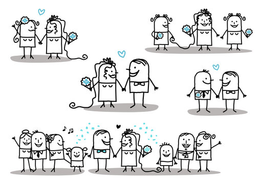 Cartoon stick characters celebrating wedding day