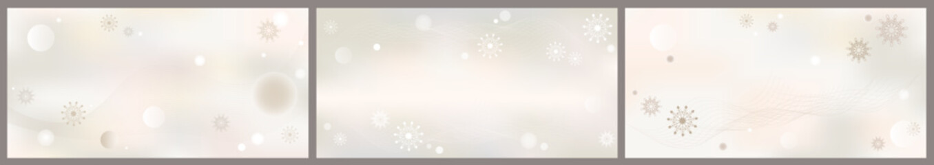 Fototapeta premium Set of horizontal delicate backgrounds nude shades with copy space. Vector banners blurred winter sky with snowflakes, spheres, waves. Light clouds mixed mesh, gradient