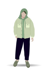 Obraz premium A schoolboy or student in a green hooded sweatshirt and dark blue pants. University knowledge, education, science research concept. Vector illustration. Not generated by AI