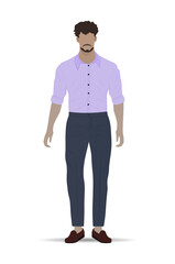  Stylish young African American man with a beard in a purple shirt and dark blue pants. Vector illustration. Not AI generated 