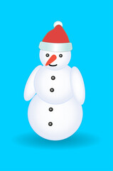 Cute New Year snowman in red Christmas hat  on a blue background. New Year and Christmas card. Vector illustration. Not generated by AI