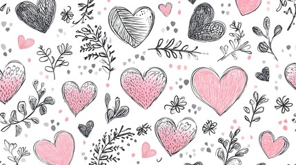 Pink hearts on white, doodle	
