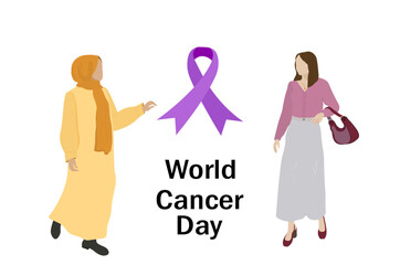  World Cancer Day, on February 4th. Young women with purple ribbon. Awareness, healthcare and medical concept. Vector illustration. Not AI generated