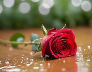 red rose and water drop on bokeh background in the rain Valentine's Day wedding anniversary celebration, concept